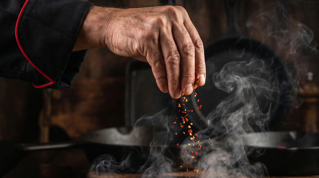 Chef sprinkling spices into a hot smoking cast iron pan.