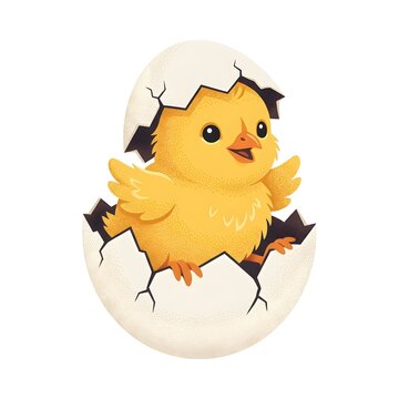 Cute yellow chick hatching from an egg shell isolated on white