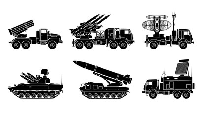 Fototapeta premium Military Rocket Launcher Radar Air Defense Equipment Silhouette Icons