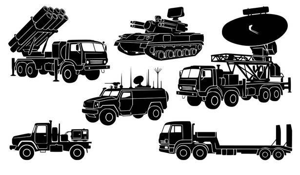 Mobile Air Defense Missile Launcher and Radar Vehicle Vector Silhouettes