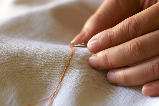 Hands embroidering a floral pattern on white fabric