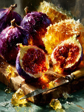 Still life with figs and knife on a wooden cutting board.