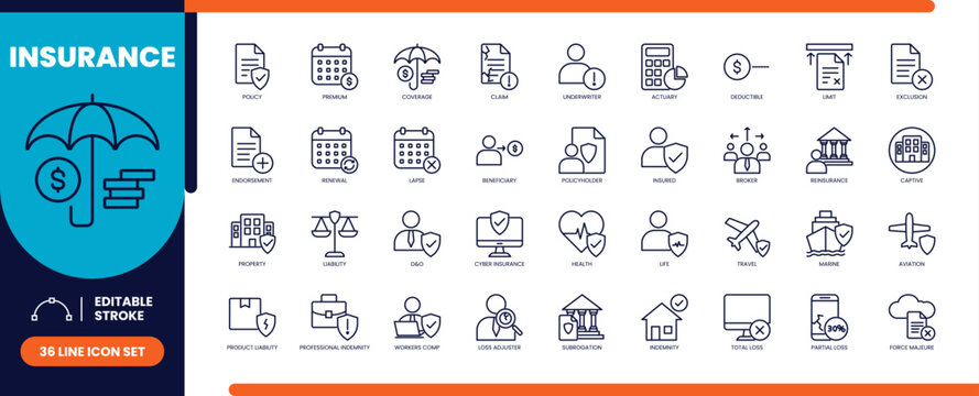 Insurance line icons set