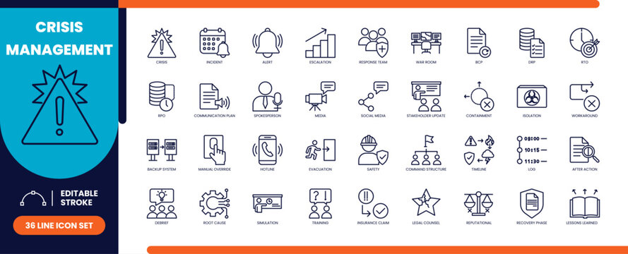 Crisis management line icons set
