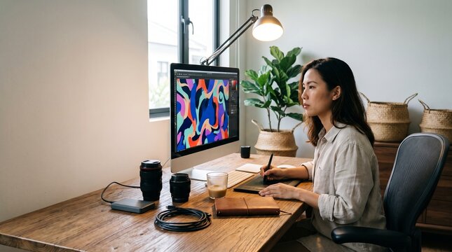 Digital content creator working in modern home studio with computer