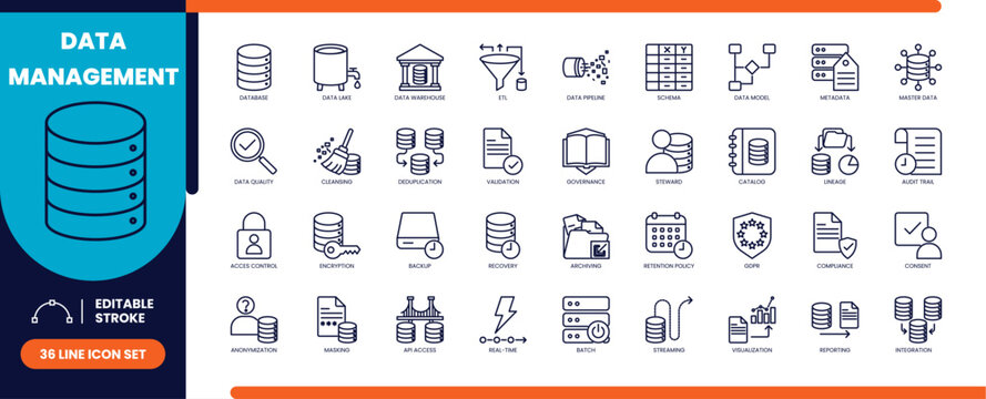 Data management and database line icons