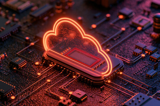 abstract cloud computing concept, luminous cloud above connected digital nodes, 3D illustration