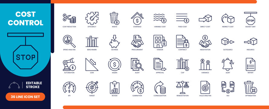Cost control line icons set
