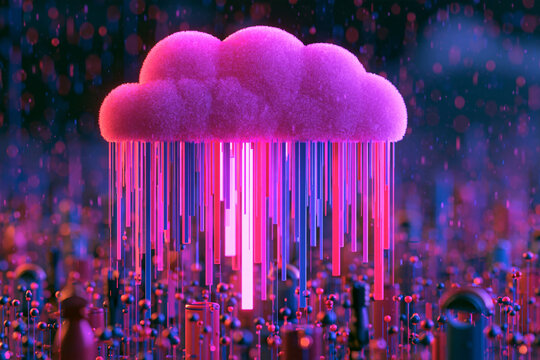 abstract cloud computing concept, luminous cloud above connected digital nodes, 3D illustration