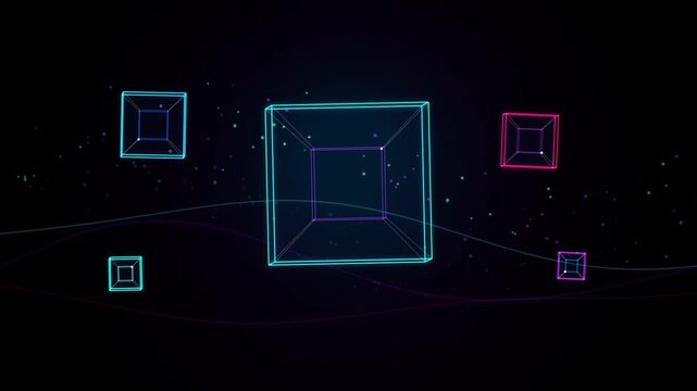 Geometric wireframe cubes rotate and transition on a dark background