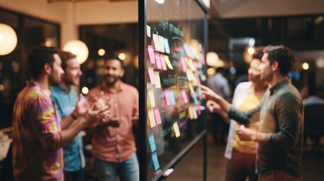 Diverse creative team discussing project on glass sticky note board in modern office