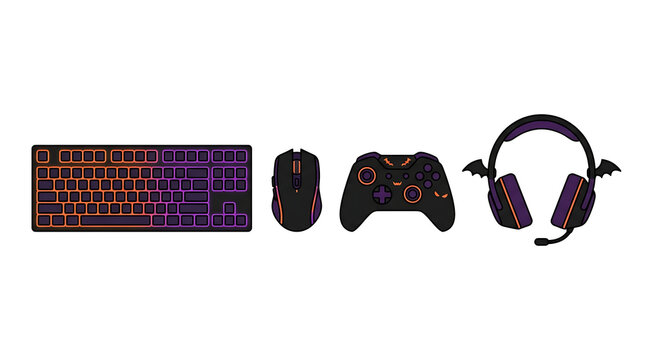 Halloween gaming gear set including keyboard mouse controller and bat wing headset isolated on white