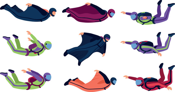 Skydiving And Wingsuit Flying Extreme Sport Character Vector Set