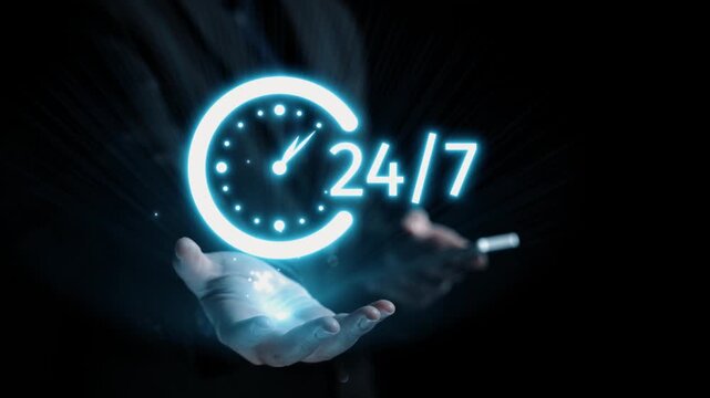 This image illustrates the concept of 24 hour service, featuring a glowing clock and communication icons, symbolizing constant connectivity and support for businesses in the digital age. Qubit