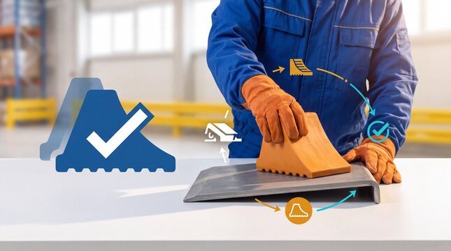 Worker in blue uniform placing an orange rubber wheel chock on a metal ramp indoors with safety gloves positions worker wearing professional maintenance instruction industrial