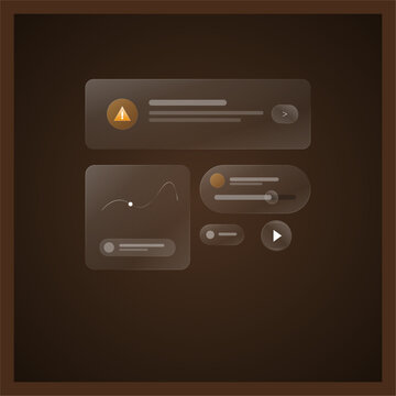 Sophisticated bronze frosted glassmorphic web dashboard with interactive multimedia panels