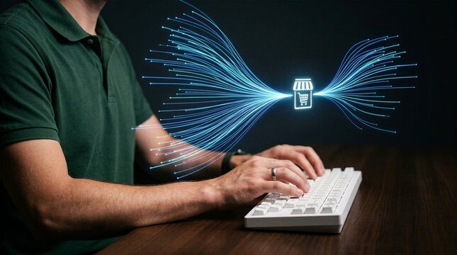 Man typing on keyboard with glowing blue virtual e-commerce store network hologram interface.