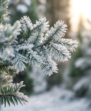 Closeup of evergreen pine tree branches covered in beautiful white winter frost