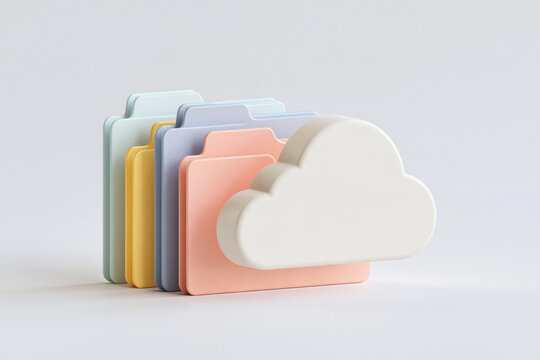 cloud storage icon surrounded by organized document folders, minimal white 3D render