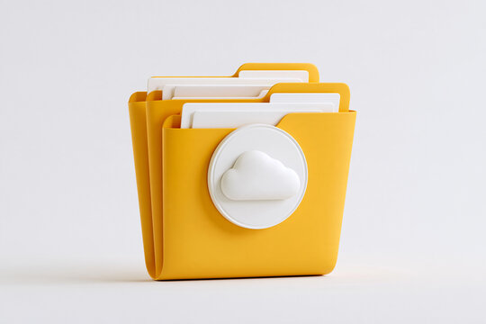 cloud storage icon surrounded by organized document folders, minimal white 3D render