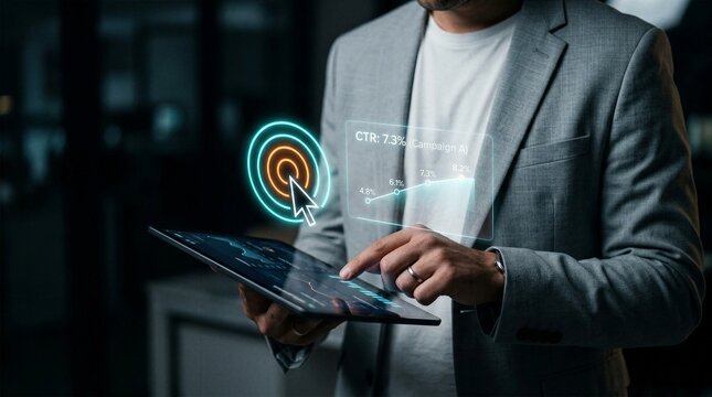 Marketing professional analyzing CTR performance with glowing virtual chart hologram on tablet.