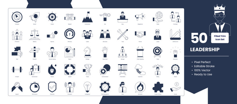 Leadership solid icon set with 50 filled glyph vector icons