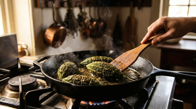 Bharwan karela pan fried in skillet rustic kitchen indian food