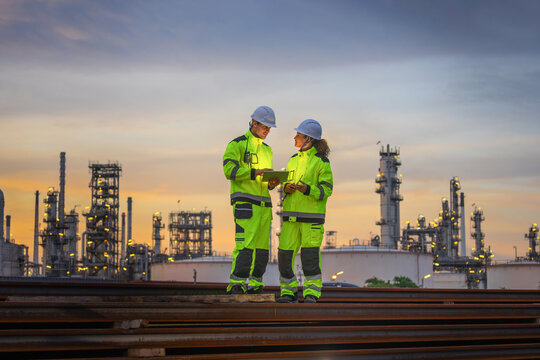 Engineers wearing high visibility uniforms inspecting petroleum plant during twilight, industrial workers discussing project data on digital device at oil refinery facility sunset background