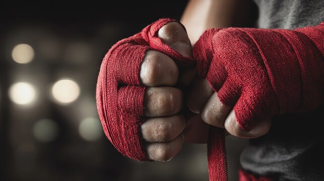 Fist wrapped in red boxing tape ready to fight.
