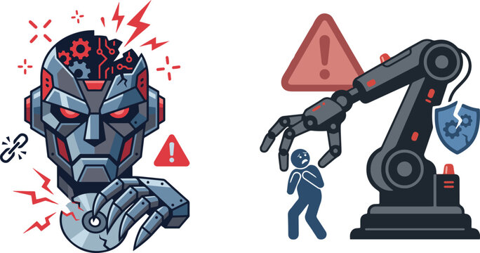 Cracked cyborg robot head with exposed gears and red warning triangle beside an industrial robotic arm grabbing a human, AI risk and safety vector illustration.