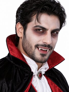 Man in Vampire Costume with Fangs and Cape