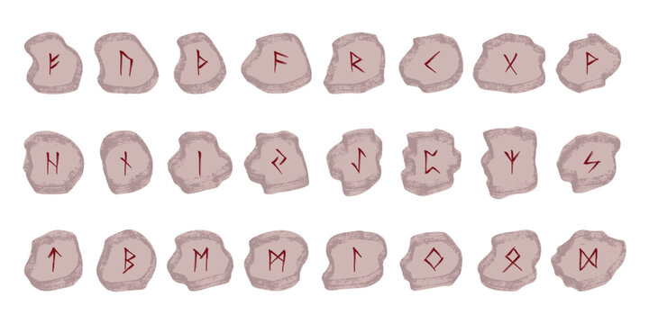 Set of hand drawn viking runes Rune stones with ancient norse alphabet characters engraved on them Scandinavian futhark germanic celtic Single element for design, print, web, decor