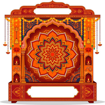 Traditional Indian temple arch altar frame with orange mandala flower and hanging lamps.