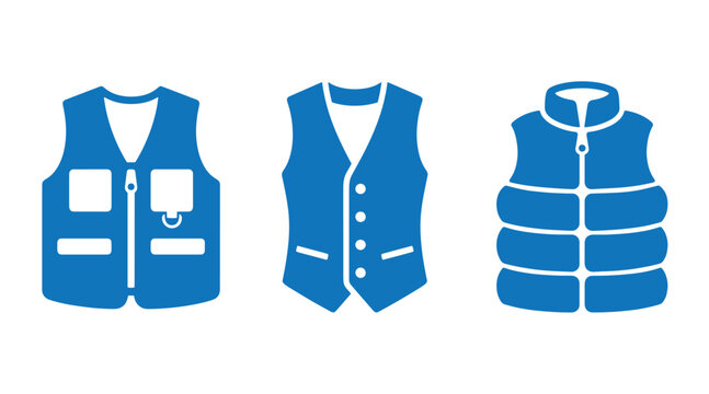 Set of blue vest waistcoat and puffer gilet flat vector icons with waistcoat sleeveless clothing outerwear illustration collection menswear isolated background