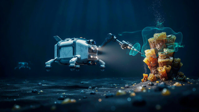 Exploring the Ocean Depths A 3D Cinematic Render of an Underwater Robot Discovering Coral Reefs and Marine Life