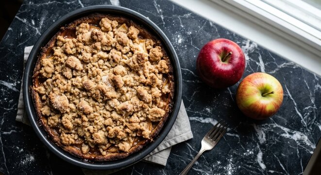 Freshly baked apple crumble pie with golden streusel topping on dark marble table with fresh red apples and a fork, rustic homemade autumn dessert, top view.