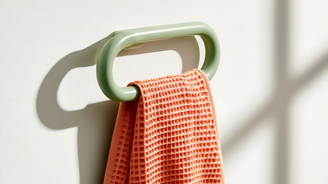 Modern green and white bathroom towel ring with orange textured towel hanging