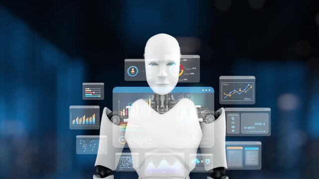 A humanoid robot showcases advanced data visualizations and user interfaces, highlighting the intersection of technology and automation in a modern workspace. Synapse