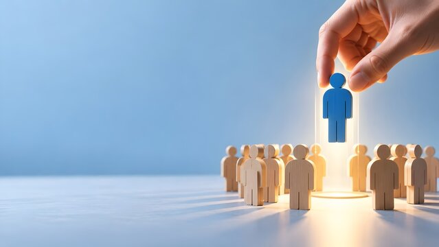 Human resources talent selection concept hand picking blue wooden figure from crowd of standard candidates representing recruitment strategy and leadership