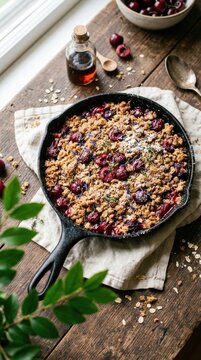 Homemade cherry crumble in a cast iron skillet on a rustic wooden table. Fresh berry dessert with golden oat crust, maple syrup, and seasonal ingredients in a cozy, natural light kitchen setting.