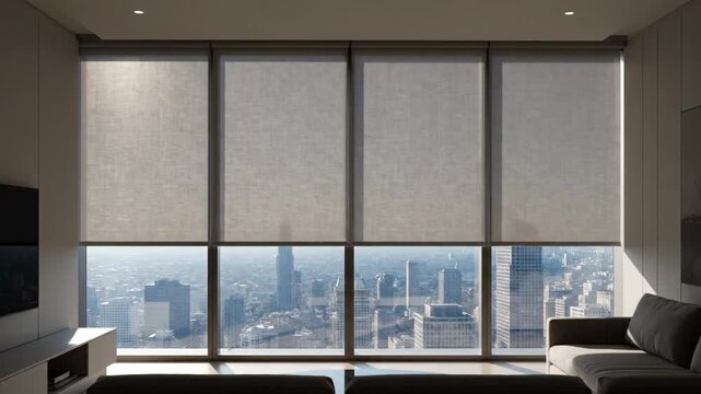 Cityscape view through apartment window with blinds and sunlight on sofa while observing urban skyline