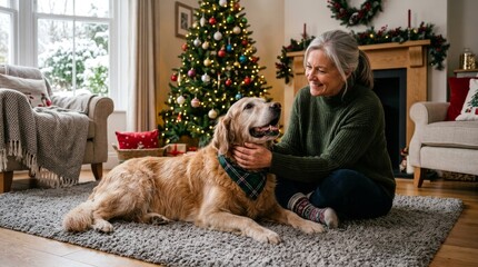 Naklejka na ściany i meble An elderly woman affectionately pets a large dog in a cozy living room decorated with a Christmas tree and festive holiday decor.