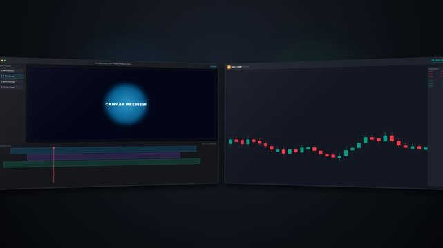 Dual Monitor Desk Setup 4K Loop - Bitcoin Trading Chart & Video Editing Studio Workstation