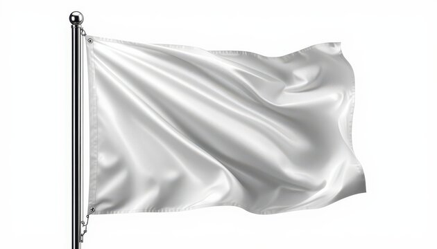 A white flag waving on a flagpole isolated on white background