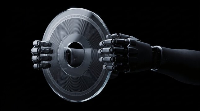dark silhouette of humanoid robot checking optical rotary encoder disk for motion positioning automation on seamless pitch black background with dramatic low key overhead studio rim lighting
