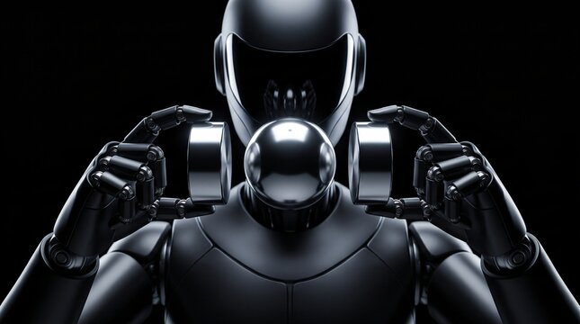 dark silhouette of humanoid robot balancing a magnetic levitation core for frictionless physics bearing research on seamless pitch black background with dramatic overhead studio rim lighting