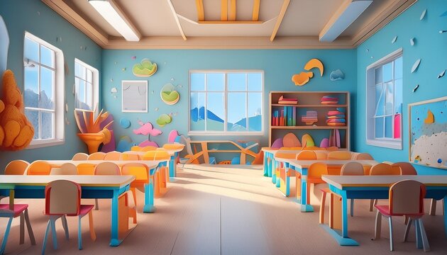 Bright Empty Classroom with Desks and Large Windows, Education and Learning Environment Concept