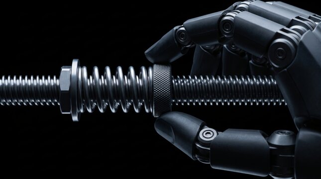 dark silhouette of humanoid robot tuning anti backlash lead screw nuts for zero tolerance linear actuator positioning on seamless pitch black background with dramatic overhead studio rim lighting