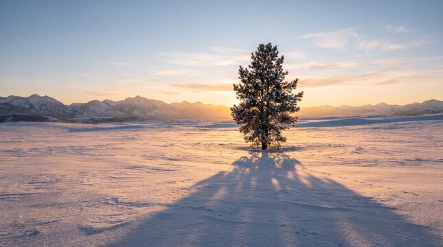 朝日に染まる雪原にたたずむ一本の松の木