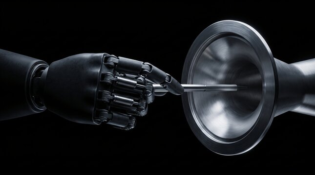 dark silhouette of humanoid robot testing fluidic venturi flow nozzles for precision aerospace fluid dynamics metering on seamless pitch black background with dramatic overhead studio rim lighting